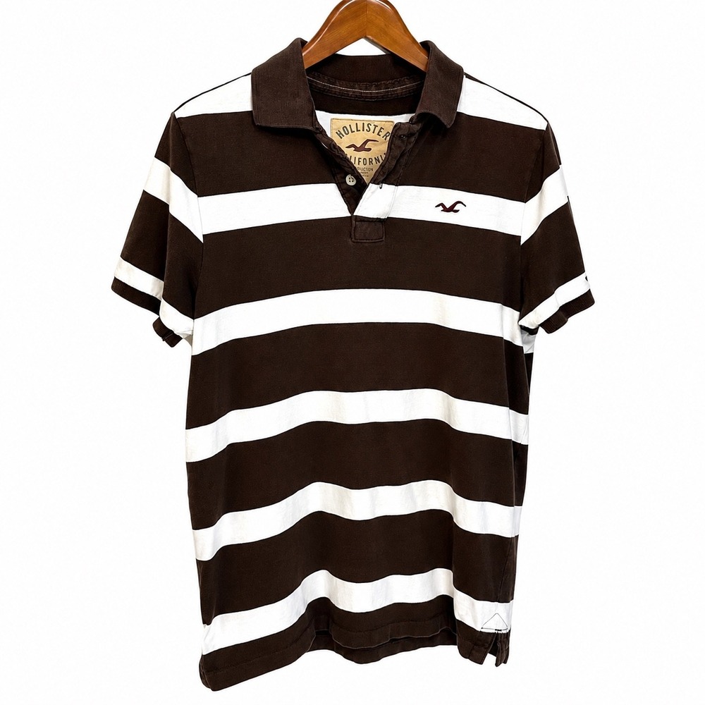 Hollister Mens Brown White Striped Short Sleeve Polo Shirt Large Cotton Logo Y2K
